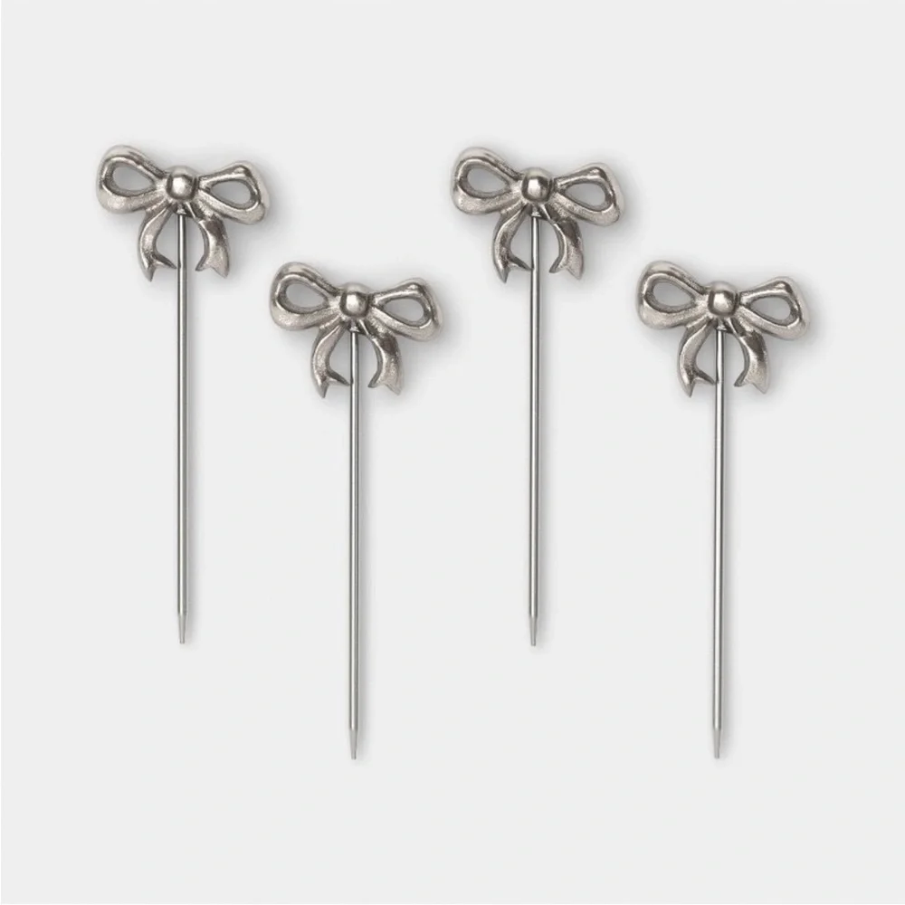 4pk Bow cocktail picks - silver